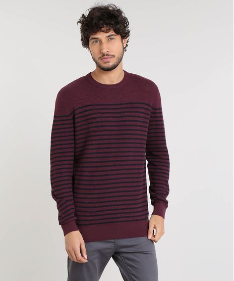 Sueter-Masculino-em-Trico-Listrado-Gola-Careca-Vinho-9349170-Vinho_1