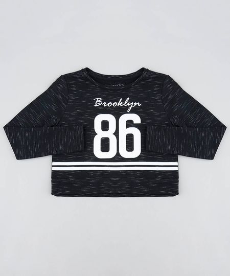 Blusão Infantil Cropped "Brooklyn" em Moletom Preto Menor preço em Blusão Infantil Cropped "Brooklyn" em Moletom Preto