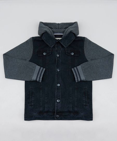 Jaqueta Jeans Infantil com Capuz e Mangas em Moletom Preta Menor preço em Jaqueta Jeans Infantil com Capuz e Mangas em Moletom Preta