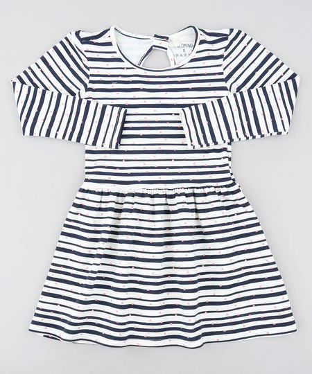 Vestido Infantil Listrado com Corações Manga Longa Off White Menor preço em Vestido Infantil Listrado com Corações Manga Longa Off White