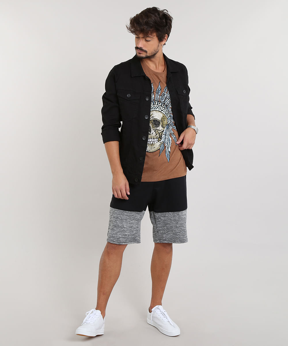 Camiseta Masculina Caveira Com Cocar Manga Curta Gola Careca