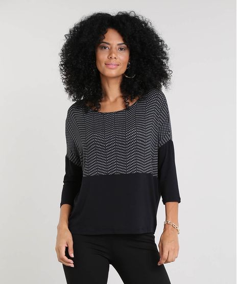 Blusa-Feminina-Estampada-com-Recortes-Manga-3-4-Preta-9453145-Preto_1