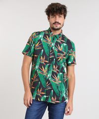 Camisa-Masculina-Estampada-de-Folhagem-com-Bolso-Manga-Curta-Preta-9455020-Preto_1