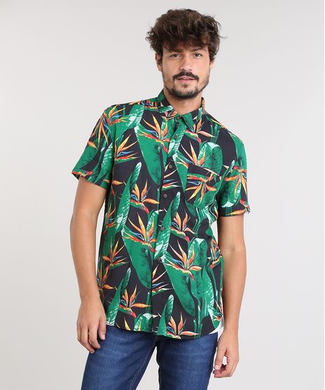 Camisa-Masculina-Estampada-de-Folhagem-com-Bolso-Manga-Curta-Preta-9455020-Preto_1