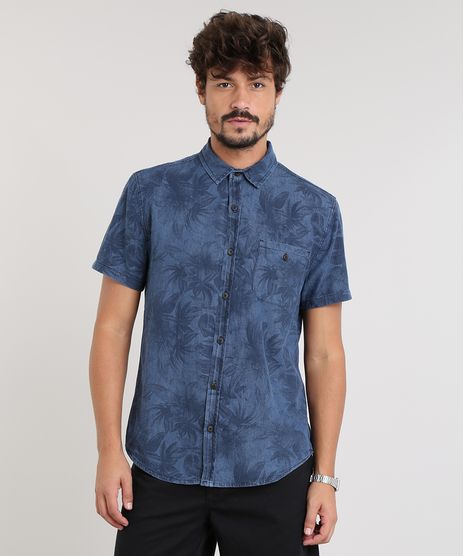 Camisa-Jeans-Masculina-Estampada-de-Folhagem-com-Bolso-Manga-Curta-Azul-Escuro-9459668-Azul_Escuro_1