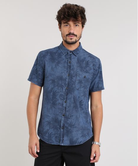 Camisa Jeans Masculina Estampada De Folhagem Com Bolso Manga Curta