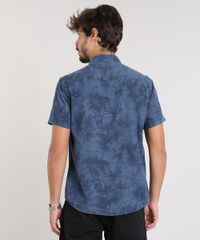 Camisa-Jeans-Masculina-Estampada-de-Folhagem-com-Bolso-Manga-Curta-Azul-Escuro-9459668-Azul_Escuro_2