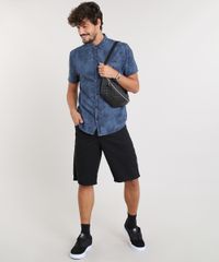Camisa-Jeans-Masculina-Estampada-de-Folhagem-com-Bolso-Manga-Curta-Azul-Escuro-9459668-Azul_Escuro_3