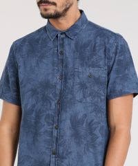Camisa-Jeans-Masculina-Estampada-de-Folhagem-com-Bolso-Manga-Curta-Azul-Escuro-9459668-Azul_Escuro_4