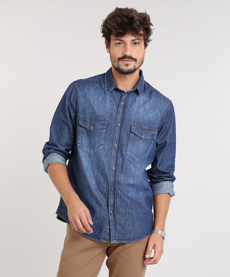 Camisa-Jeans-Masculina-com-Bolsos-Manga-Longa-Azul-Escuro-9449455-Azul_Escuro_1 Camisa-Jeans-Masculina-com-Bolsos-Manga-Longa-Azul-Escuro-9449455-Azul_Escuro_1