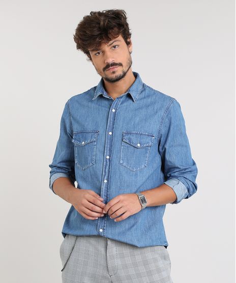 Camisa-Jeans-Masculina-com-Bolsos-Manga-Longa-Azul-Medio-9449456-Azul_Medio_1