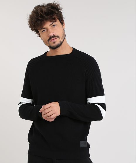 Sueter-Masculino-com-Listras-e-Textura-em-Trico-Gola-Careca-Preto-9343107-Preto_1