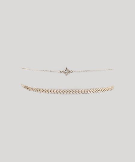 Kit de Gargantilha Choker + Colar com Strass Dourado - Único Menor preço em Kit de Gargantilha Choker + Colar com Strass Dourado - Único