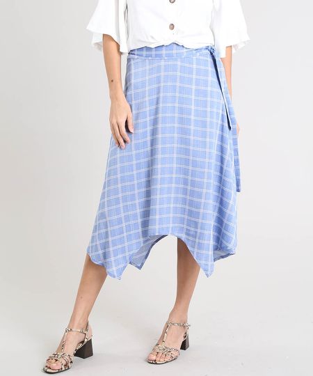 Saia-Feminina-Midi-Estampada-Xadrez-com-Pontas-e-Faixa-para-Amarrar-Azul-Claro-9369909-Azul_Claro_1