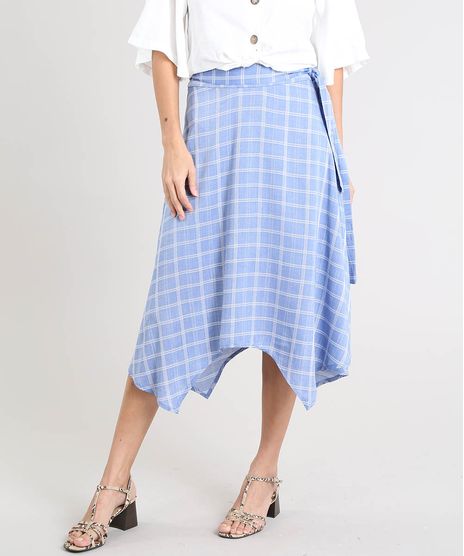 Saia-Feminina-Midi-Estampada-Xadrez-com-Pontas-e-Faixa-para-Amarrar-Azul-Claro-9369909-Azul_Claro_1