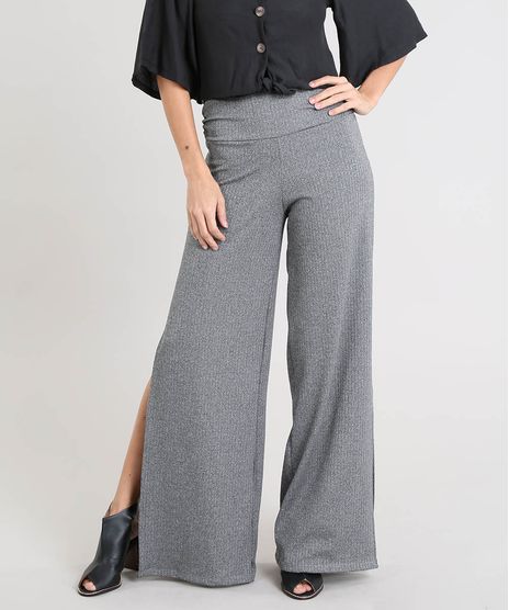 Calca-Feminina-Pantalona-Canelada-com-Fenda-Cinza-Mescla-Escuro-9460409-Cinza_Mescla_Escuro_1