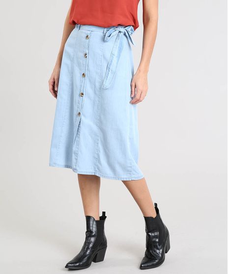 Saia-Jeans-Feminina-Midi-com-Botoes-e-Faixa-para-Amarrar-Azul-Claro-9505772-Azul_Claro_1