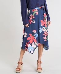 Saia-Feminina-Midi-Estampada-Floral-com-Pontas-e-Faixa-para-Amarrar-Azul-Marinho-9377199-Azul_Marinho_1