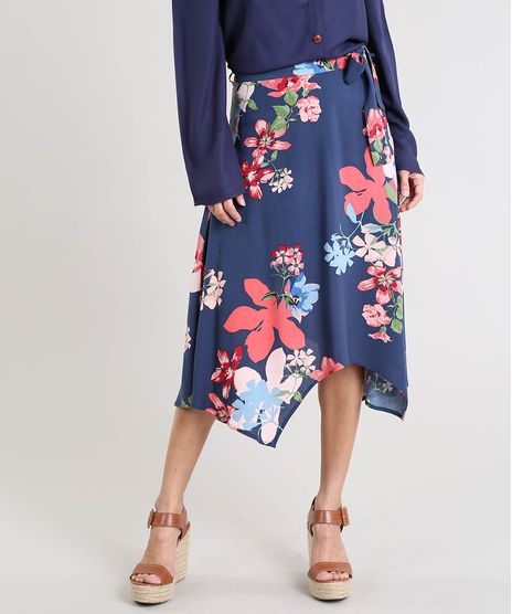 Saia-Feminina-Midi-Estampada-Floral-com-Pontas-e-Faixa-para-Amarrar-Azul-Marinho-9377199-Azul_Marinho_1