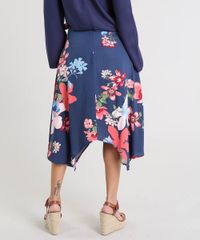 Saia-Feminina-Midi-Estampada-Floral-com-Pontas-e-Faixa-para-Amarrar-Azul-Marinho-9377199-Azul_Marinho_2
