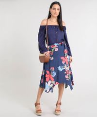 Saia-Feminina-Midi-Estampada-Floral-com-Pontas-e-Faixa-para-Amarrar-Azul-Marinho-9377199-Azul_Marinho_3