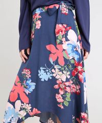 Saia-Feminina-Midi-Estampada-Floral-com-Pontas-e-Faixa-para-Amarrar-Azul-Marinho-9377199-Azul_Marinho_4