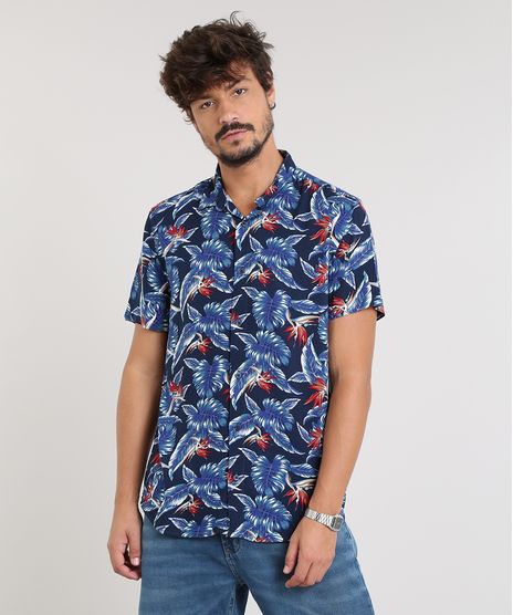Camisa-Masculina-Estampada-de-Folhagem-Manga-Curta-Azul-Marinho-9450958-Azul_Marinho_1
