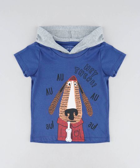 Camiseta Infantil Estampa Interativa de Cachorro com Capuz Manga Curta Azul Menor preço em Camiseta Infantil Estampa Interativa de Cachorro com Capuz Manga Curta Azul