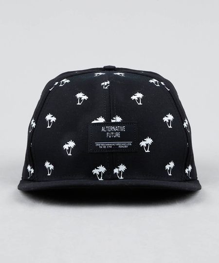 Bone-Masculino-Aba-Reta-Estampado-de-Coqueiros-Preto-9394947-Preto_1