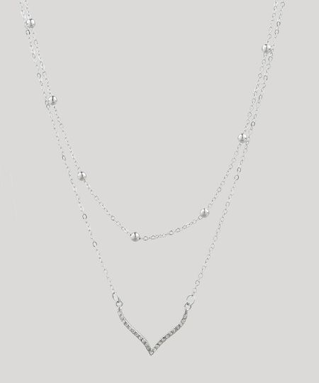 Kit de 2 Colares Feminino com Strass Prateado - Único Menor preço em Kit de 2 Colares Feminino com Strass Prateado - Único