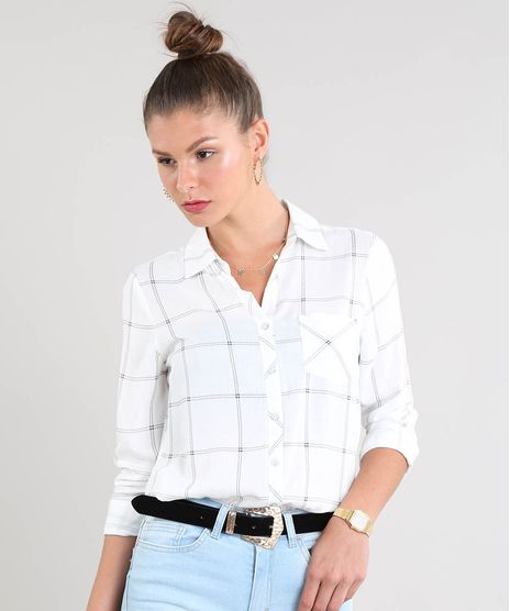 Camisa-Feminina-Estampada-Xadrez-com-Bolso-Manga-Longa-Off-White-9374533-Off_White_1