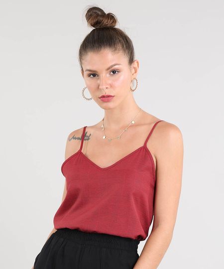 Regata Feminina Ampla Estampada Xadrez Decote V Vermelha Menor preço em Regata Feminina Ampla Estampada Xadrez Decote V Vermelha