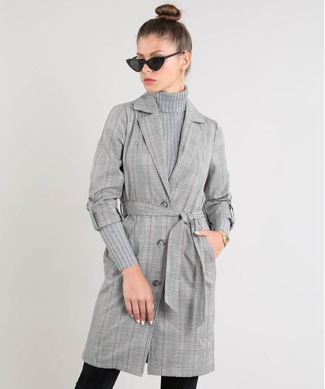 Casaco-Trench-Coat-Feminino-Longo-Estampado-Xadrez-com-Faixa-para-Amarrar-Cinza-Mescla-9361807-Cinza_Mescla_1