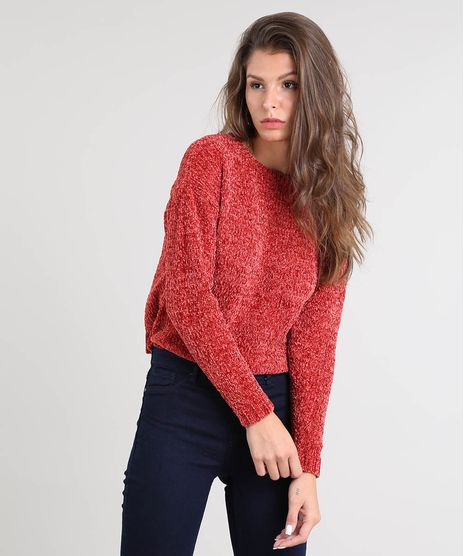 Sueter-Feminino-em-Trico-de-Chenille-Manga-Longa-Vermelho-9361443-Vermelho_1