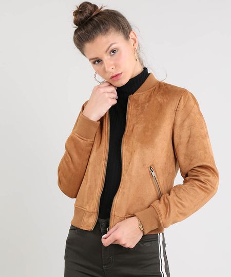 Jaqueta Bomber Feminina Acolchoada em Suede Caramelo Menor preço em Jaqueta Bomber Feminina Acolchoada em Suede Caramelo