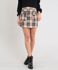 Saia-Feminina-Curta-Estampada-Xadrez-com-Bolso-Utilitario-Kaki-9365223-Kaki_1