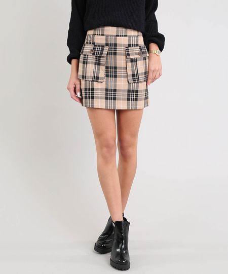 Saia-Feminina-Curta-Estampada-Xadrez-com-Bolso-Utilitario-Kaki-9365223-Kaki_1