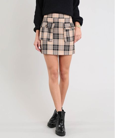 Saia-Feminina-Curta-Estampada-Xadrez-com-Bolso-Utilitario-Kaki-9365223-Kaki_1