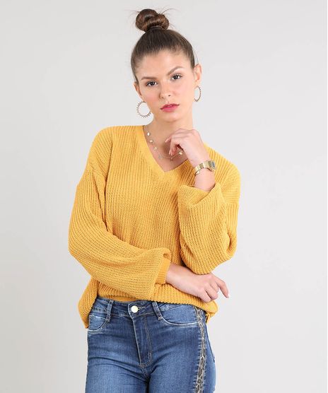 Sueter-Feminino-em-Trico-Decote-V-Mostarda-9359534-Mostarda_1