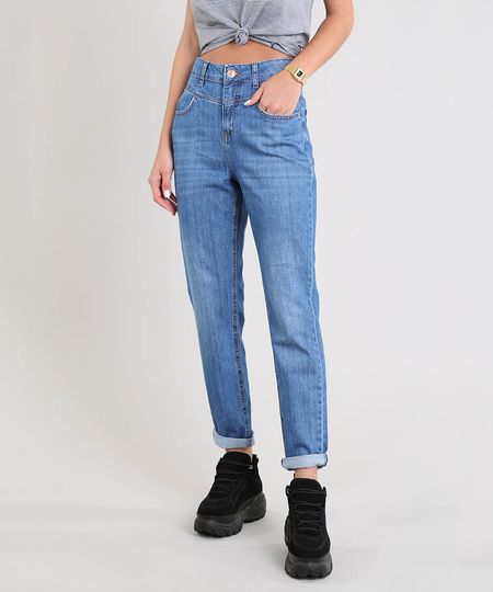 calça jeans feminina mom pants azul médio