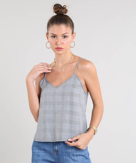 Regata Feminina Ampla Estampada Xadrez Decote V Cinza Mescla Menor preço em Regata Feminina Ampla Estampada Xadrez Decote V Cinza Mescla