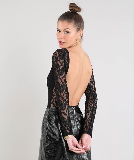 Body Feminino Em Renda Manga Longa Decote Profundo Preto Cea