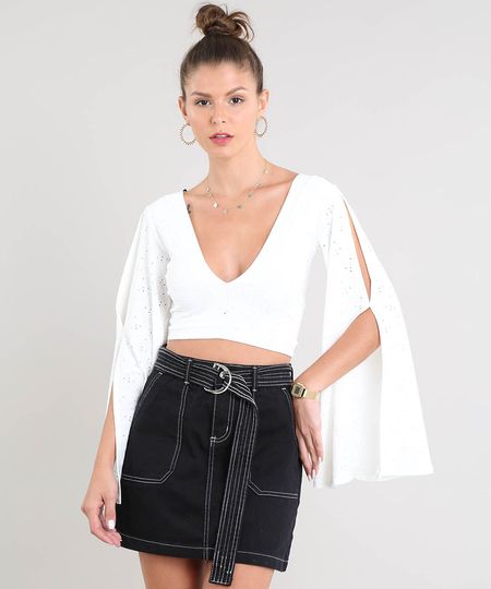Blusa Feminina Cropped em Laise Manga Longa Decote V Off White Menor preço em Blusa Feminina Cropped em Laise Manga Longa Decote V Off White