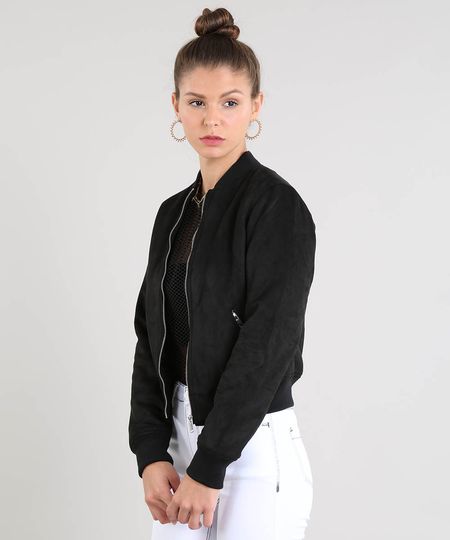 Jaqueta Bomber Feminina Acolchoada em Suede Preta Menor preço em Jaqueta Bomber Feminina Acolchoada em Suede Preta