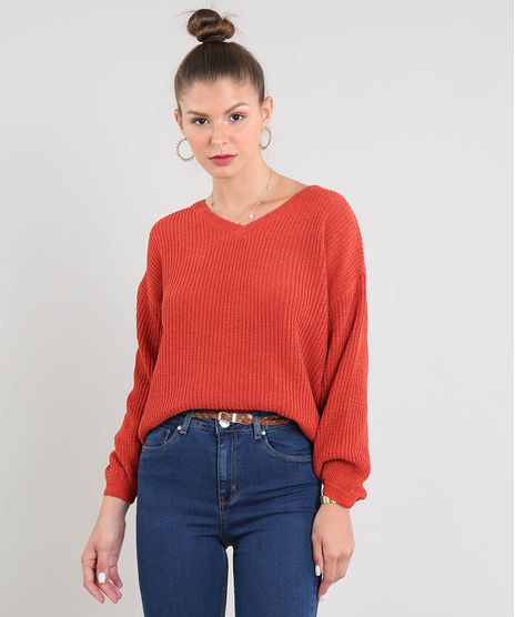 Sueter-Feminino-em-Trico-Decote-V-Laranja-Escuro-9359534-Laranja_Escuro_1