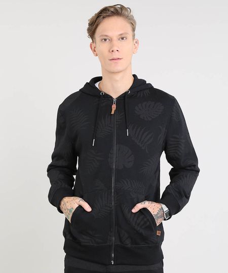 Blusao-Masculino-Estampado-de-Folhagem-com-Capuz-e-Bolso-Preto-9349326-Preto_1