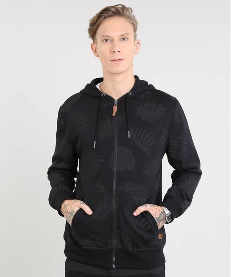 Blusao-Masculino-Estampado-de-Folhagem-com-Capuz-e-Bolso-Preto-9349326-Preto_1