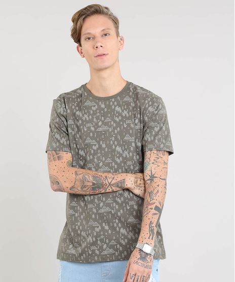 Camiseta-Masculina-Estampada-de-Arvores-Manga-Curta-Gola-Careca-Verde-Militar-9472708-Verde_Militar_1