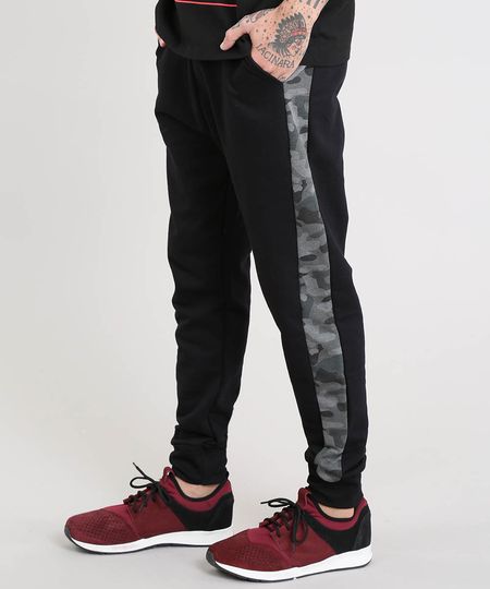 Calca-Masculina-Jogger-em-Moletom-com-Faixa-Lateral-Camuflada-Preta-9443569-Preto_1 Calca-Masculina-Jogger-em-Moletom-com-Faixa-Lateral-Camuflada-Preta-9443569-Preto_1