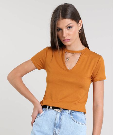 Blusa-Feminina-Choker-Basica-Manga-Curta-Decote-Redondo-Mostarda-8625969-Mostarda_1